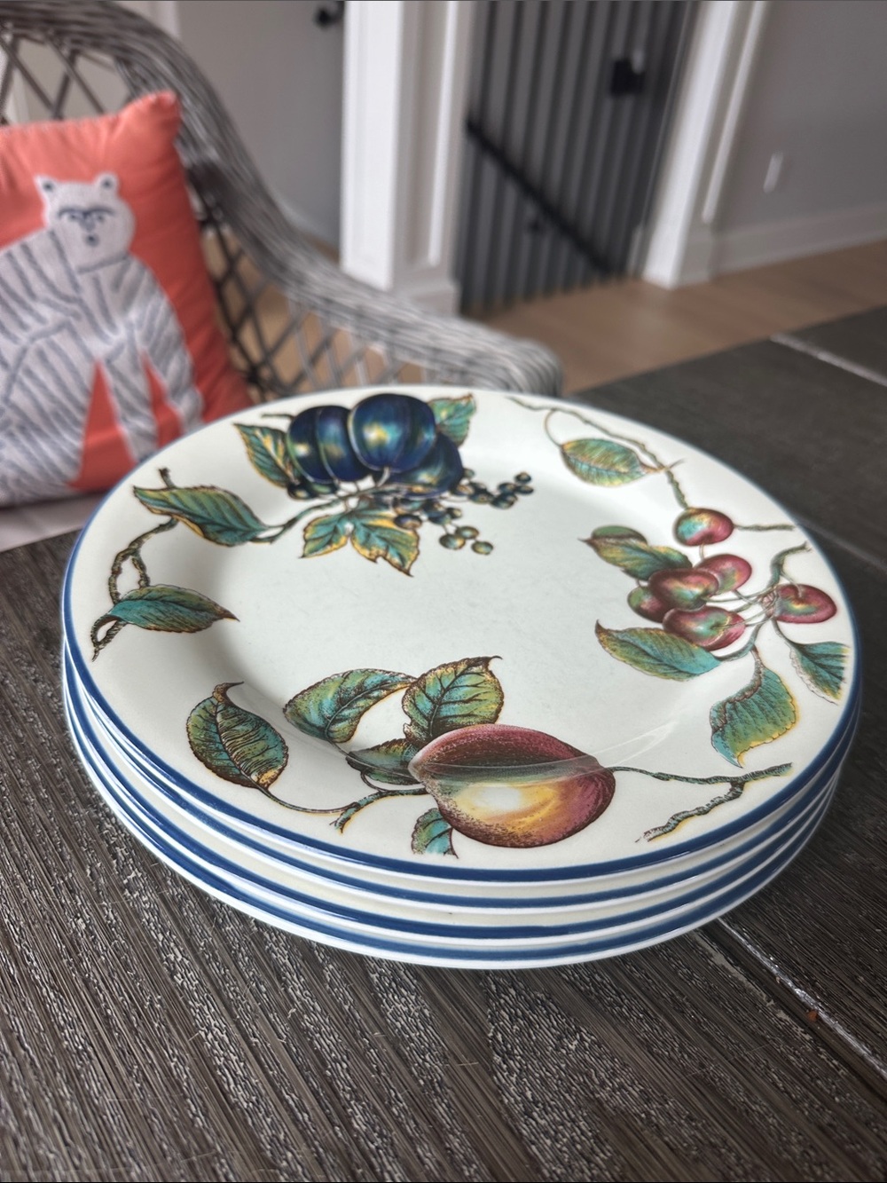 Set of 4 Pier 1 Decorative Fruit-Print Ceramic Dinner Plate - Blue Trim